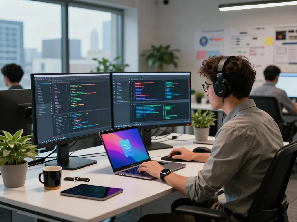Innovative software development workspace featuring coding and design for pecah404.