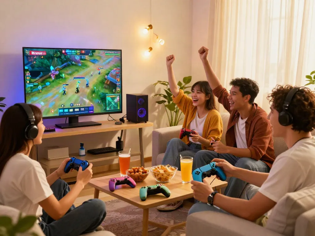 Friends enjoying gaming together on warung168 platform in vibrant living room.