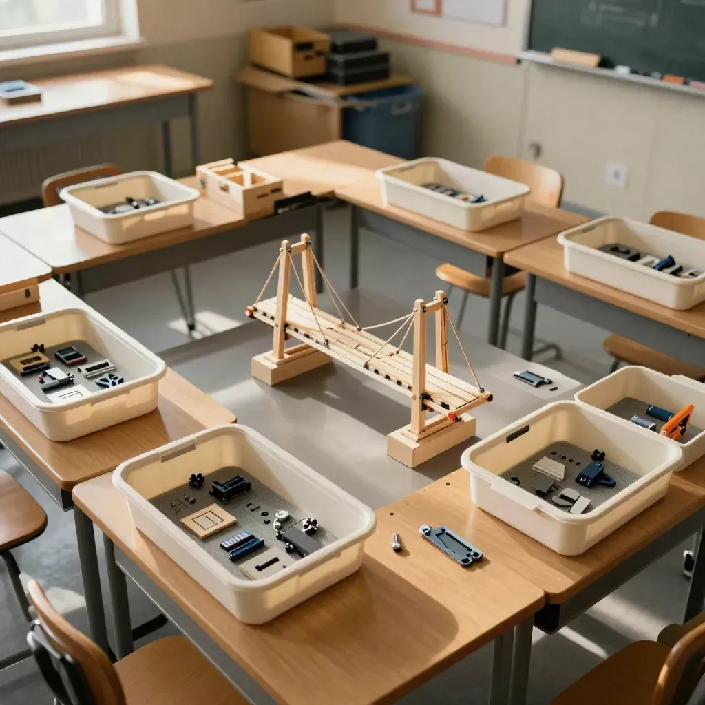 Pusta klasa STEM z sześcioma stanowiskami i mostem pokazowym, gotowa na zajęcia.